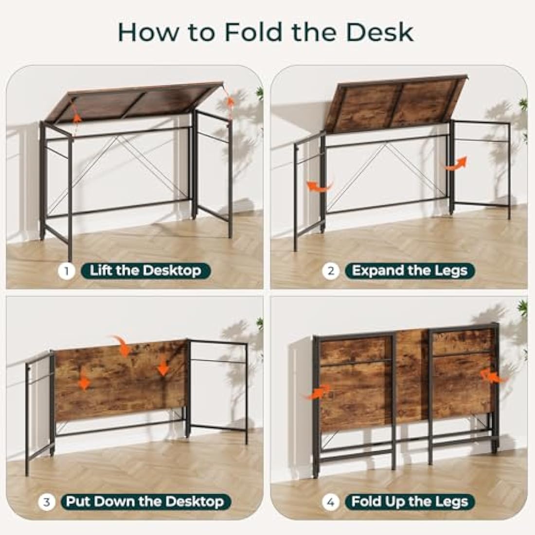 Dripex Folding Desk 110 x 50cm Writing Computer Desk Foldable Table Space Saving Home Office Desk Easy Assembly, Rustic Brown