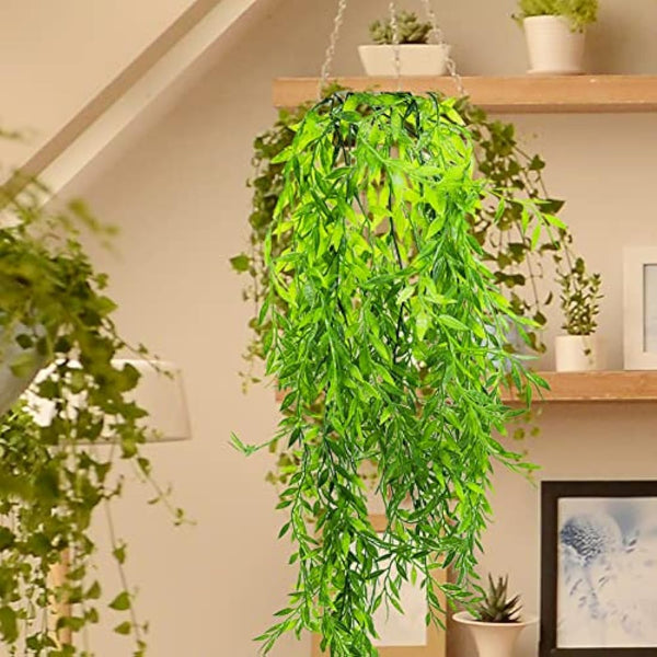 2 Pack Artificial Hanging Plants, Plastic Fake Ferns Ivy Artificial Trailing Plants, Fake Vine Hanging Basket, Faux Plant with Willow Leaves for Indoor Outdoor, Garden, Bedroom, Wall Decoration