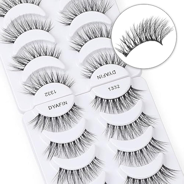 DYAFIN Natural Eyelashes 100% Handmade Lashes Reusable Soft False Eyelashes Lightweight Eye Lashes with Clear Band 3D Fake Eyelashes Long Wispy Eyelashes C Curl Lashes 8 Pairs