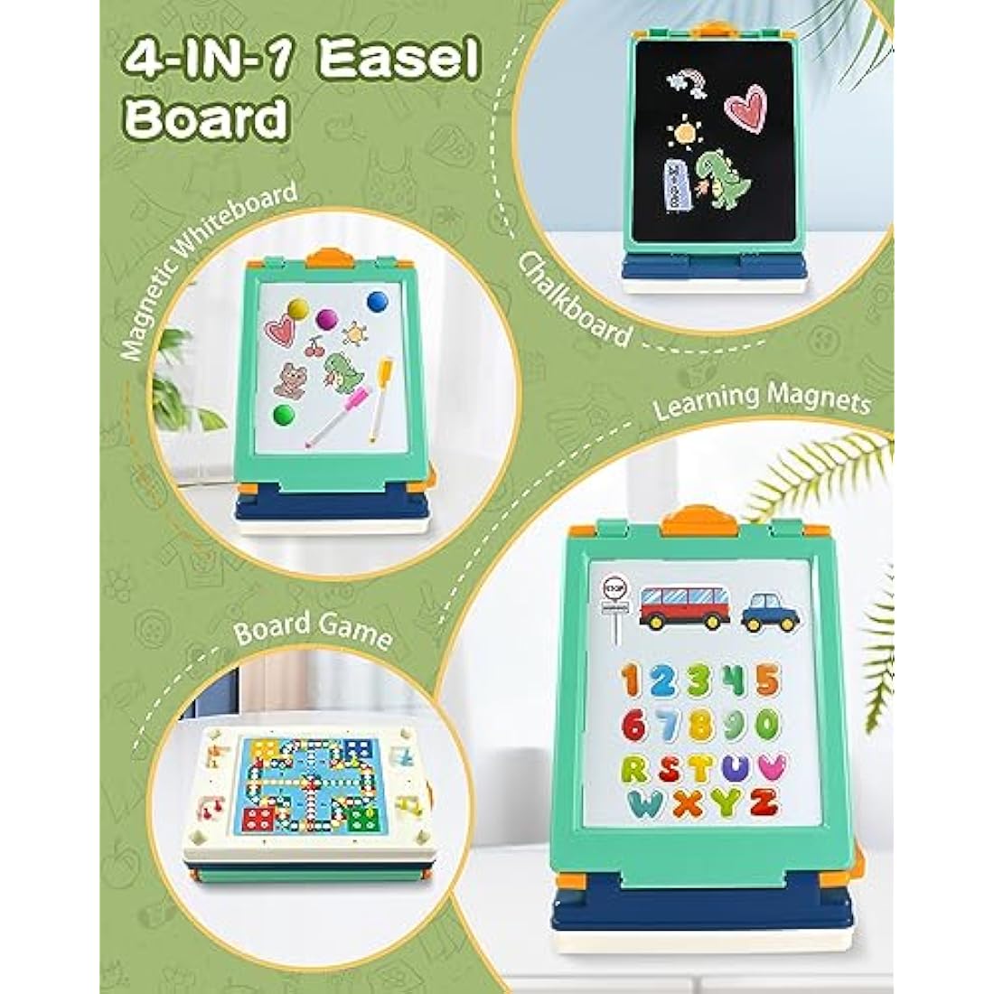 Elovien Easel Kids,Tabletop Easel for Toddler, Foldable 4 in 1 Double Sided Kids Art Easel with Chalkboard & Magnetic Whiteboard,Portable Desktop Drawing Board - Gift for Boys and Girls (Green)