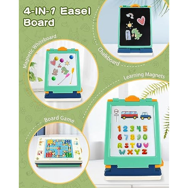 Elovien Easel Kids,Tabletop Easel for Toddler, Foldable 4 in 1 Double Sided Kids Art Easel with Chalkboard & Magnetic Whiteboard,Portable Desktop Drawing Board - Gift for Boys and Girls (Green)