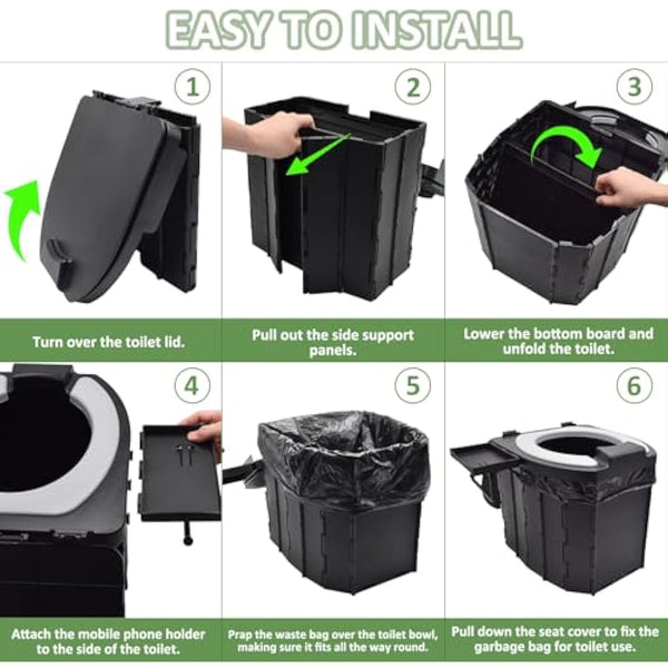 JNUYISW Foldable Camping Toilet, Portable Toilet with Lid for Adult Multifunctional Travel Mobile Toilet with Phone Holder, Paper Roll Holder for Camping, Trip, Picnic, Hiking, Fishing, Beach