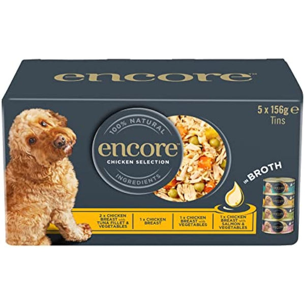 Encore 100 Percent Natural Adult Wet Dog Food, Chicken and Fish Selection Multipack in Broth 156g Tin (5 x 156g Tins)