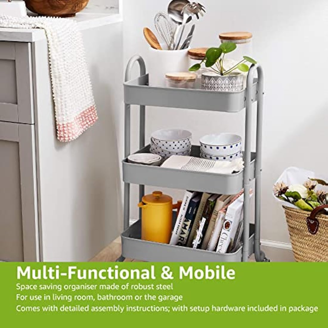 Amazon Basics 3-Tier Rolling Utility or Kitchen Cart - Charcoal