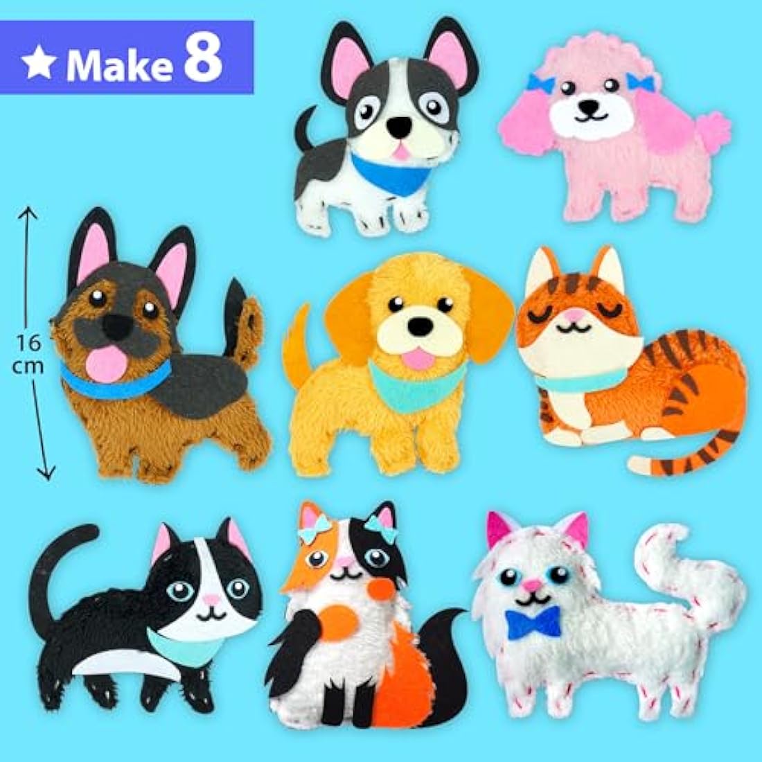KRAFUN Easy Sewing Kit for Kids, Beginner Crafts with 8 DIY Stuffed Dolls (Puppies, Kittens, Dogs, Cats), Felt Materials, Instructions, Embroidery Supplies, Pre-Punched Fabric, Gift for Girls & Boys