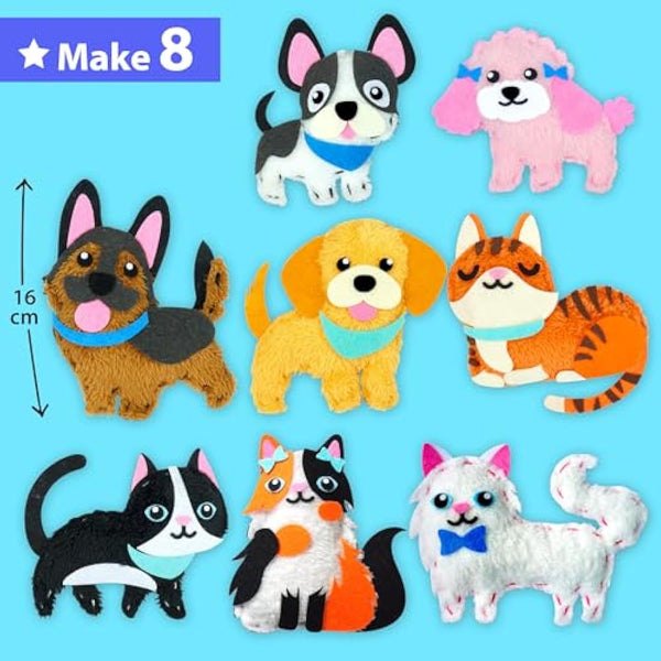 KRAFUN Easy Sewing Kit for Kids, Beginner Crafts with 8 DIY Stuffed Dolls (Puppies, Kittens, Dogs, Cats), Felt Materials, Instructions, Embroidery Supplies, Pre-Punched Fabric, Gift for Girls & Boys