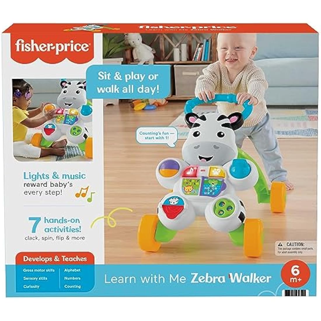Fisher-Price Learn with Me Zebra Walker | First Steps Baby Walker Push Along Toy with Lights, Music, Baby Girl and Baby Boy Toys | Hands-On Toddler Baby Push Along Walker | UK English Version, GXC31