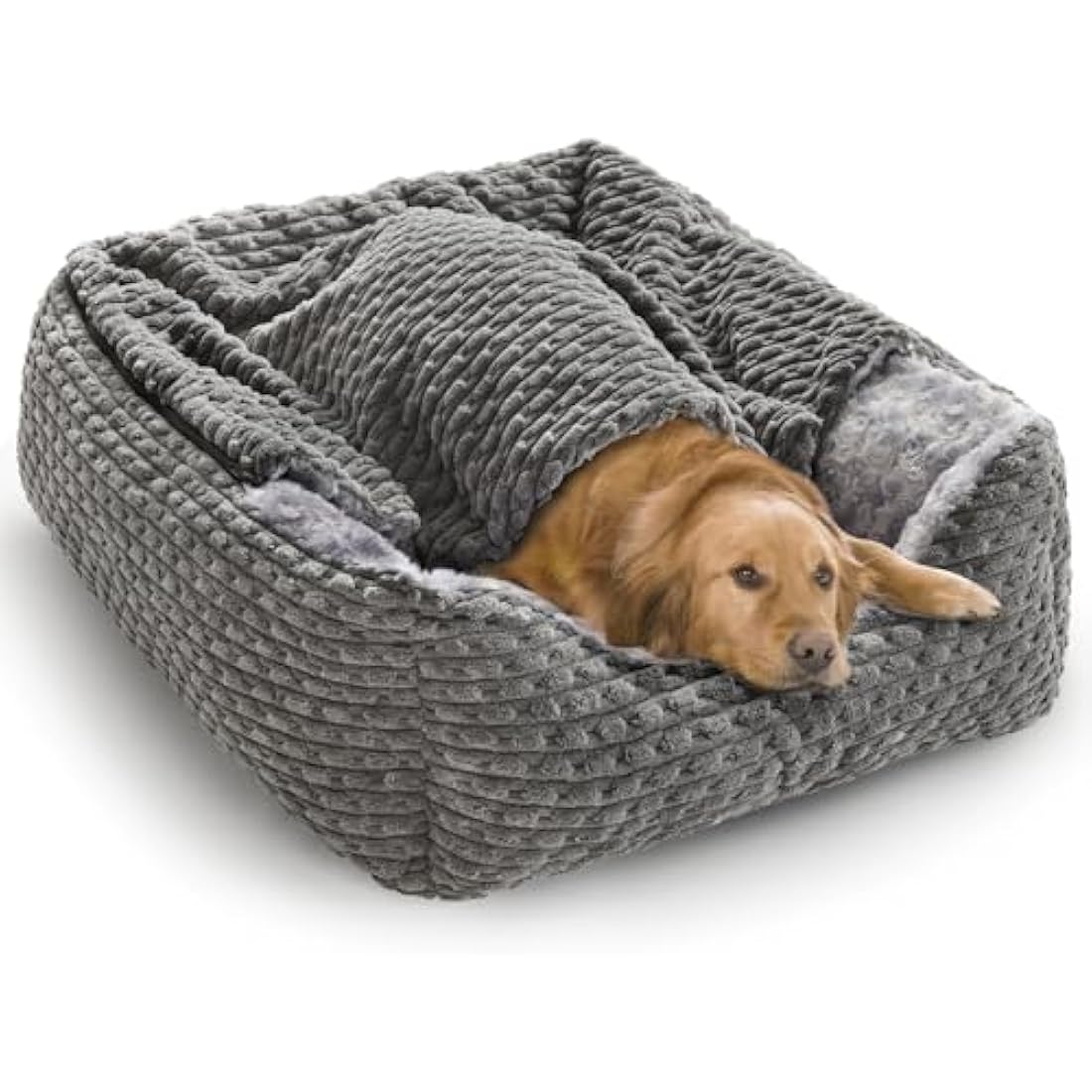 Heymamba Extra Large Dog Bed Rectangle Large Pet Beds Grey, Hooded Pet Cave Bed with Designed for Wheat Grain, Soft Rose Fluff XL Dog Cave With Nonskid Bottom for Labrador, 90x65x23cm