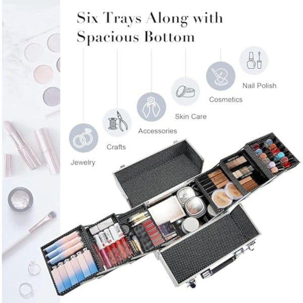 Frenessa 6 Trays Makeup Box Cosmetics Case Jewelry Organiser Vanity Make Up Storage Box Beauty Train Case Lockable with Keys, Silver