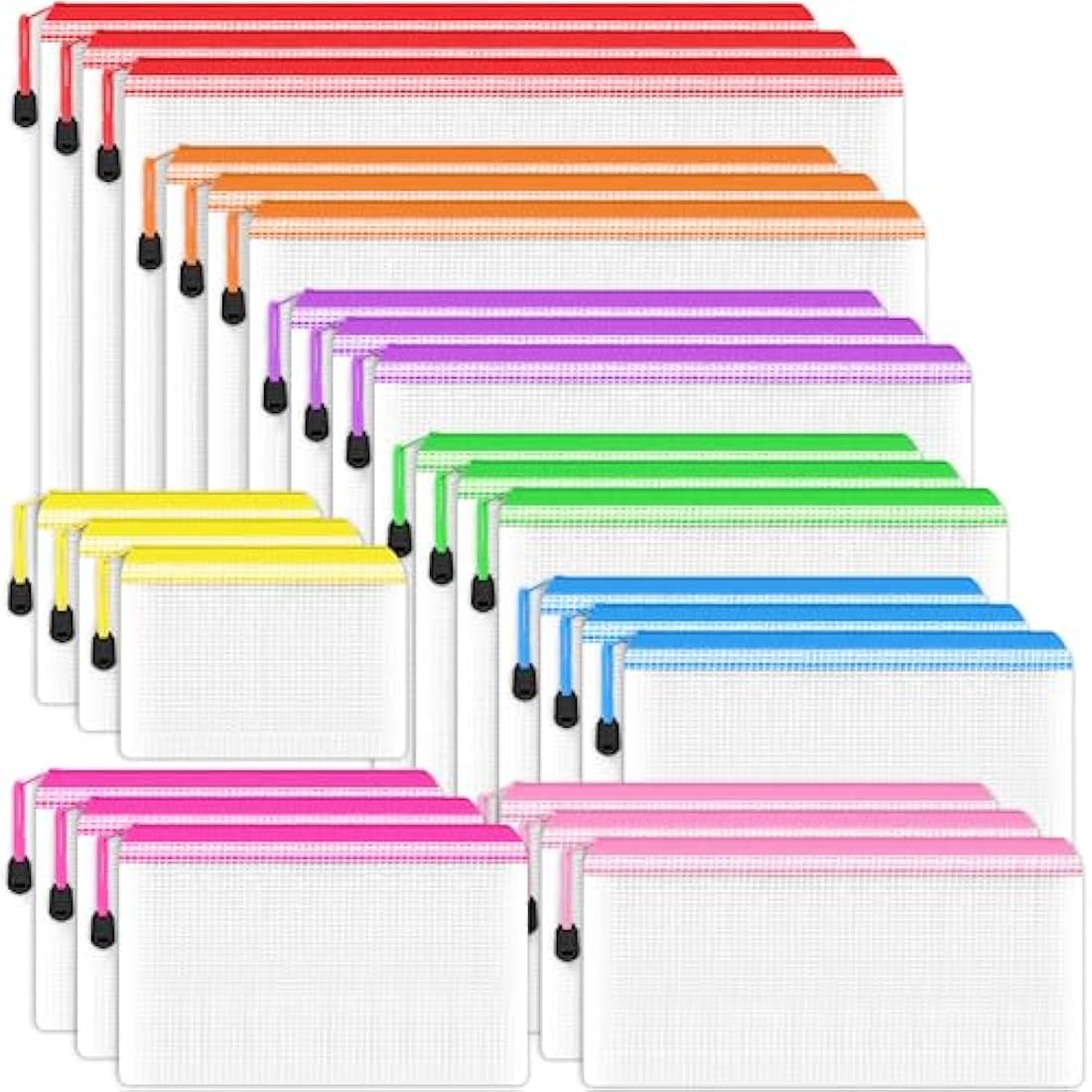 24PCS Plastic Wallets Folders, 8 Sizes Plastic File Folders Zip Lock Bags, Waterproof Mesh Document Wallet Storage Bags for School, Home, Office and Travel (8 Color)