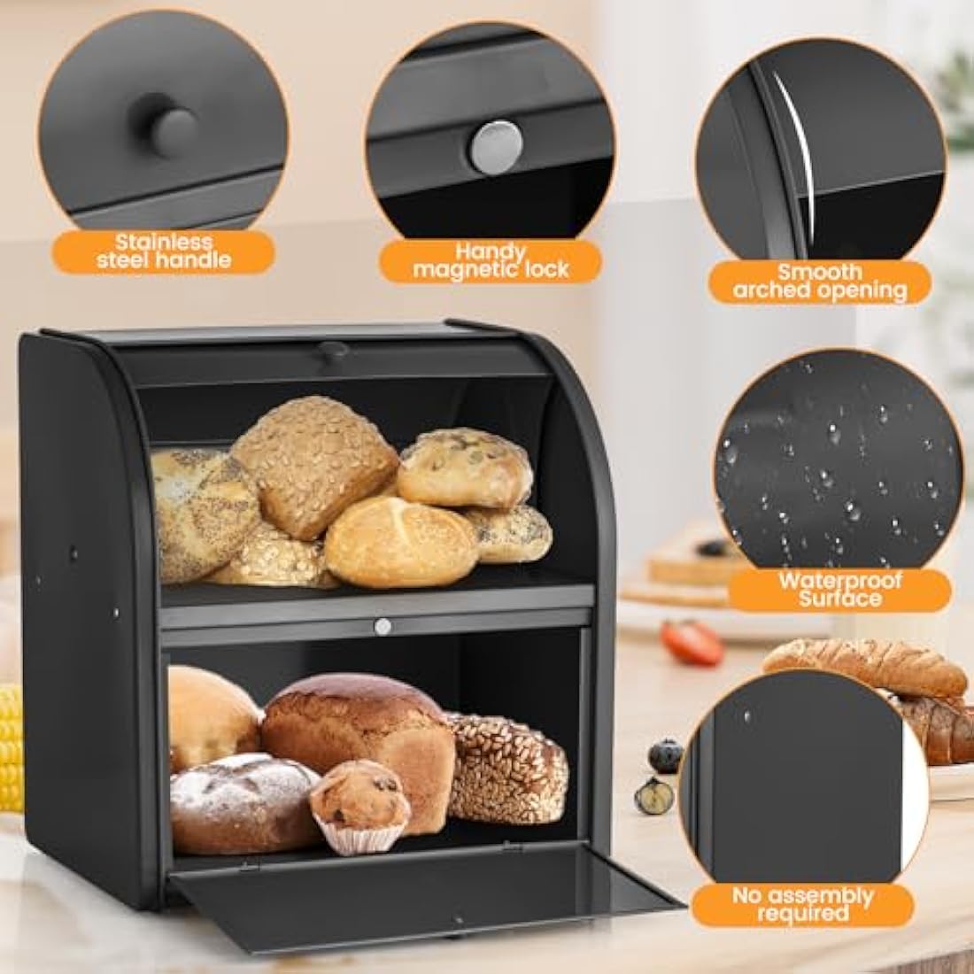 Esilihom Bread Bin, Bread Bins for Kitchen, 2-Layer | Large | Roll Top | 30 x 24.5 x 32.5cm, Black