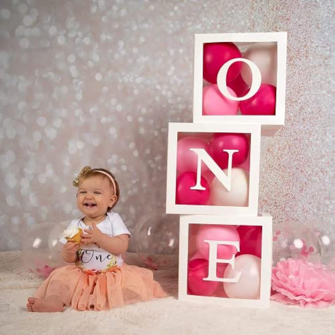 First 1st Birthday Decorations for Boys, 3Pcs White ONE Balloon Boxes with ONE Letter, One Boxes for 1st Birthday Backdrop, Balloon Blocks for First Birth Decorations, One Year Old Party Supplies