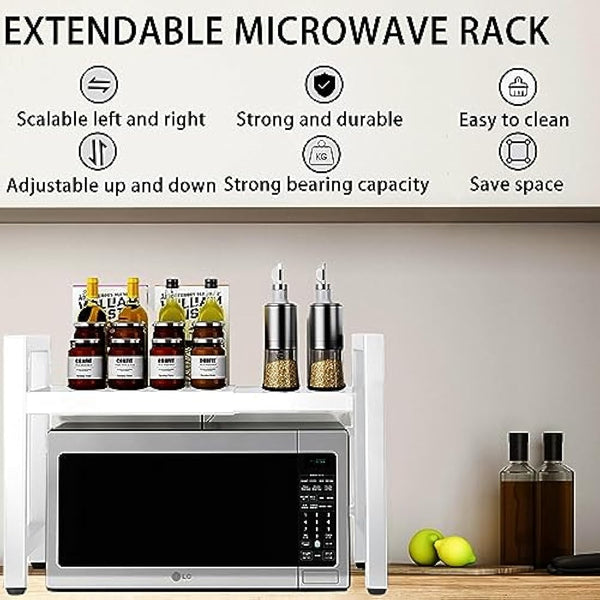 Expandable Microwave Oven Rack 2 Tier microwave shelf, Adjustable Carbon Steel Microwave Shelf,with 6 hooks Kitchen Counter Organizer Shelf Stand,Pot Pan Grill Storage Racks, Width 40-64cm white