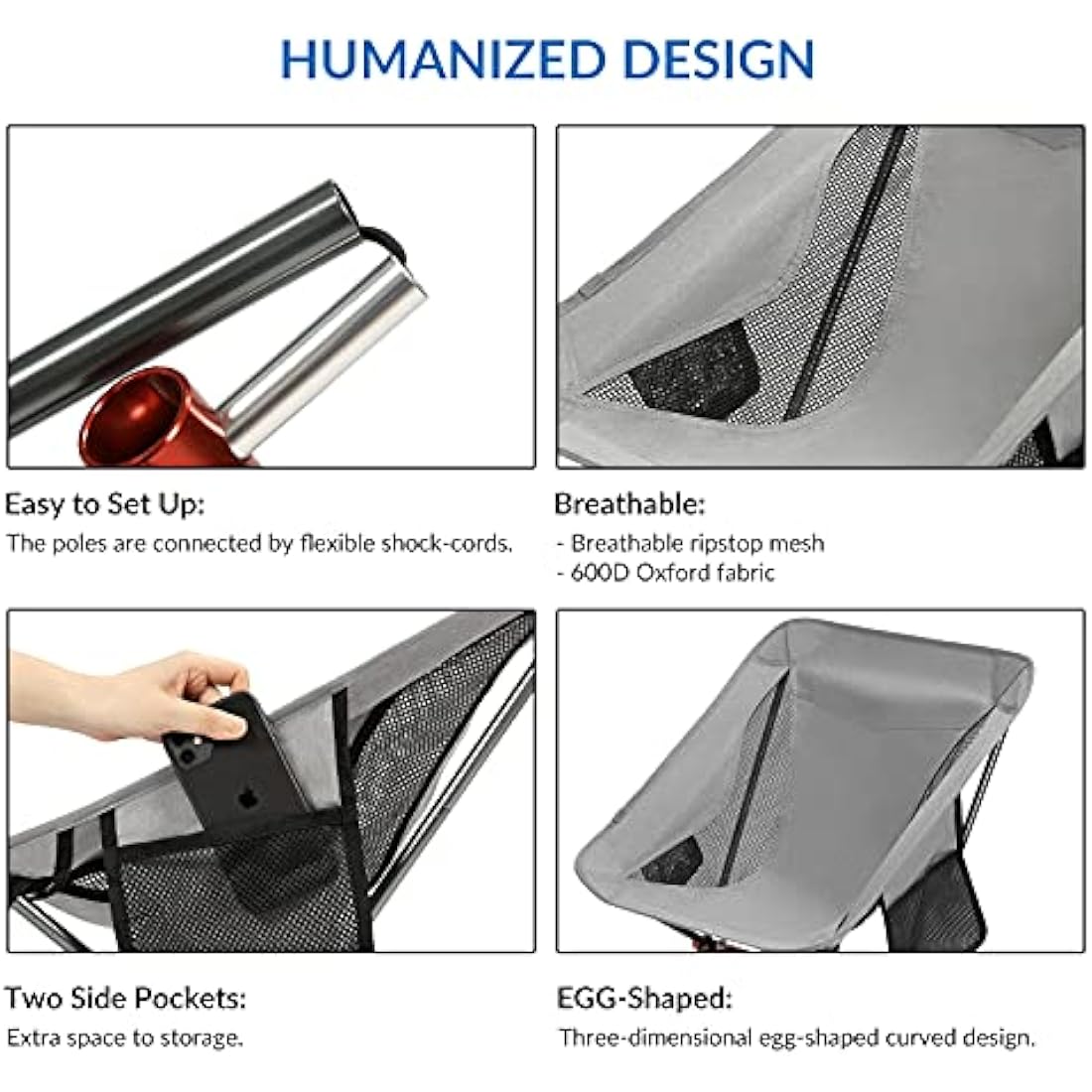 SHALLWE Ultralight Portable Camping Chair,Aviation Aluminum Frame Compact Folding Chairs,300lbs Capacity with Wide Feet and Storage Bag,Suitable for Camping,BBQ,Hiking,Beach,Lawn(Gray)