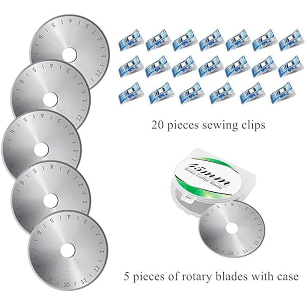 Rotary Cutter Set - Quilting Kit incl. 45mm Fabric Cutter, 5 Extra Rotary Blades, A2 Self Healing Cutting Mat, Acrylic Ruler and Sewing Clips, Scissors, Ideal for Crafting, Sewing, Patchworking
