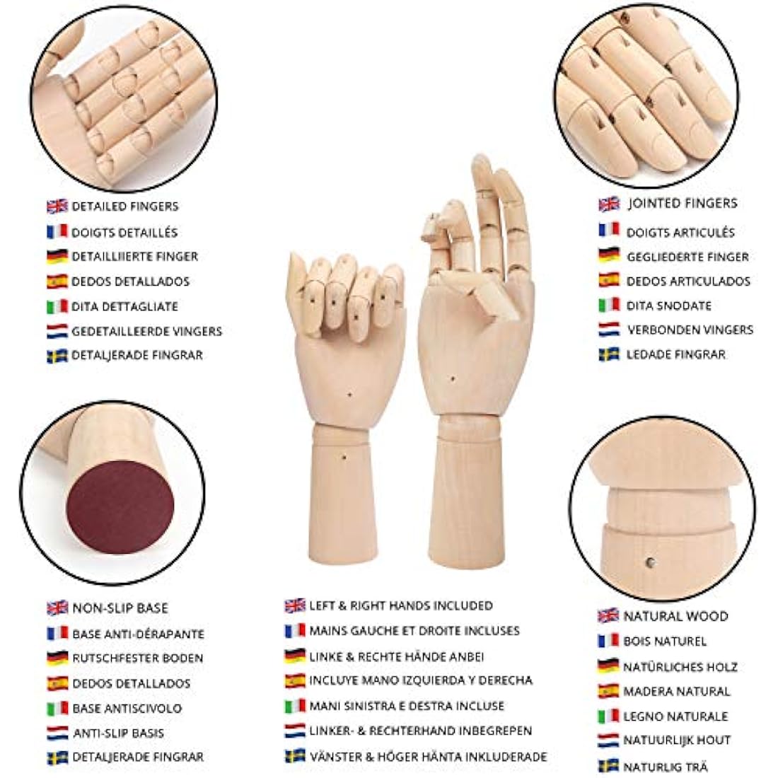 Belle Vous Flexible Wooden Mannequin Left & Right Hand Model Figures (2 Pack) - 30cm (11.81 Inches) - Movable Display Manikin with Finger Joints for Drawing, Sketching & Painting - Jewellery Holder