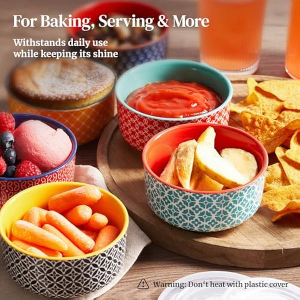 DOWAN Ramekins with Lids, 8 OZ Porcelain Ramekin Dishes for Creme Brulee Soufflé, Egg Mould, Muffin Cases, Mini Dip Bowl, Baking Bowl for Oven & Air Fryer, Vibrant Joy-Pack of 6