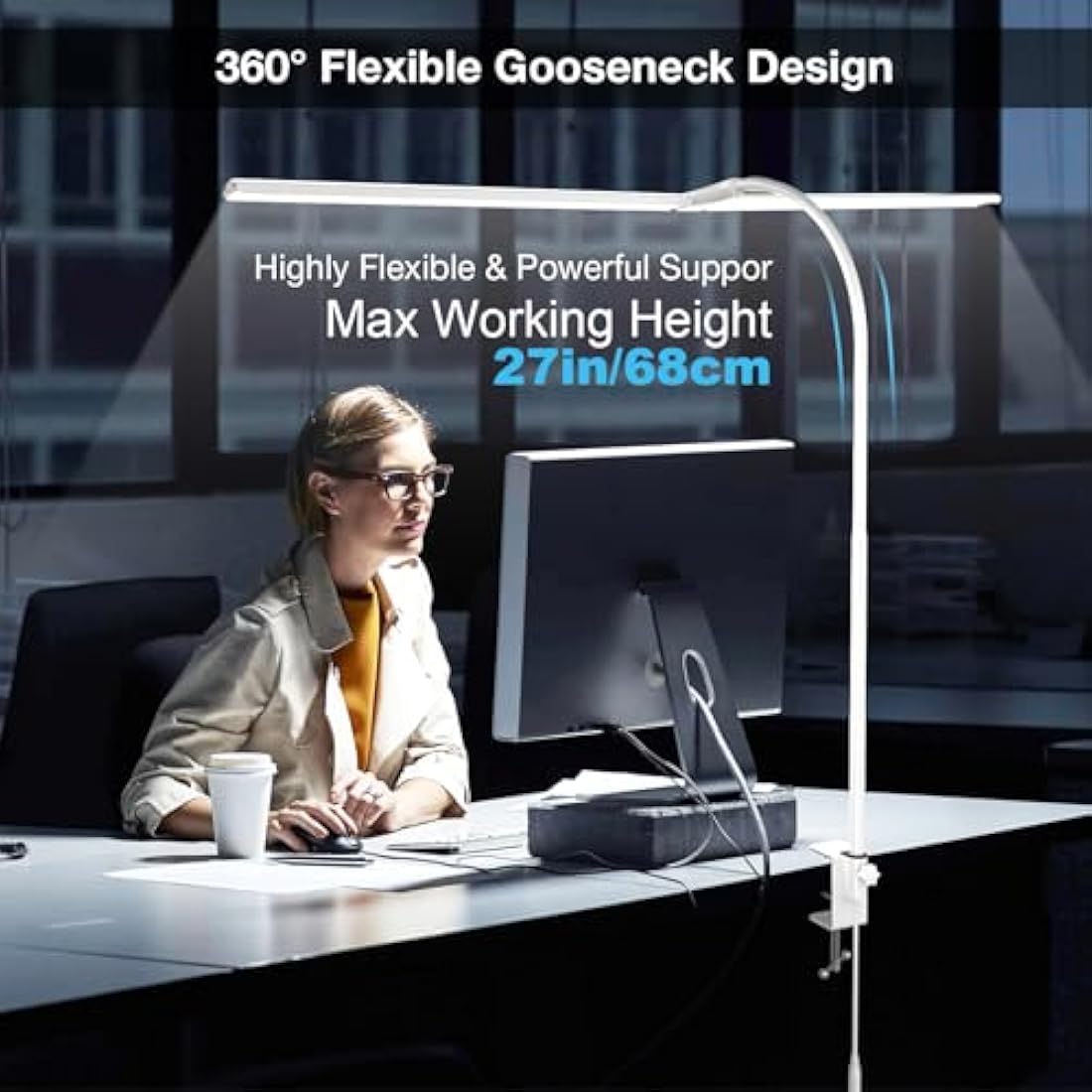 Hensam Desk Lamp, 80CM White Desk Lights Bar for Study, Clip On Desktop Computer Lighting with Gooseneck, Bright Dimmable Task Table Lamp for Work Reading Craft Students
