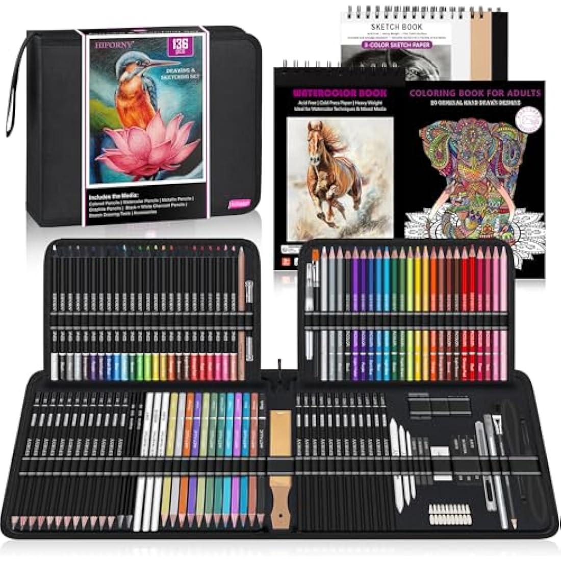 HIFORNY 136 PCS Drawing & Sketching Set,Pro Art Supplies with Graphite,Charcoal,Colored,Watercolor,Metallic Pencils,Blending Tools,Sketchbook,Watercolor Book and Coloring Book in Zipper Case (Black)