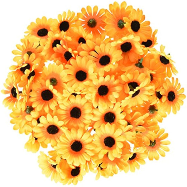 AKORD Approx 100pcs Artificial Gerbera Daisy Flowers Heads for DIY Wedding Party Sunflower, Yellow/Black, 0.38 x 0.38 x 0.2 cm