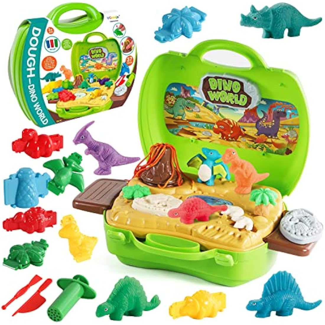 VConejo 2 in 1 Dinosaur Color Dough Toys, 37 Pieces Dino Theme Color Dough Tools Accessories with Volcano and Fossils for Boys and Girls