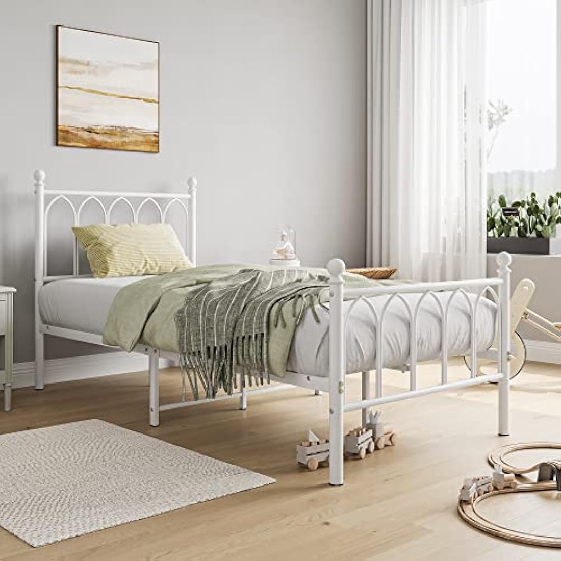 JELUTE Single Metal Bed Frame 90 x x190 cm with Headboard and Footboard Heavy Duty Foundation,Metal Slat Support, White