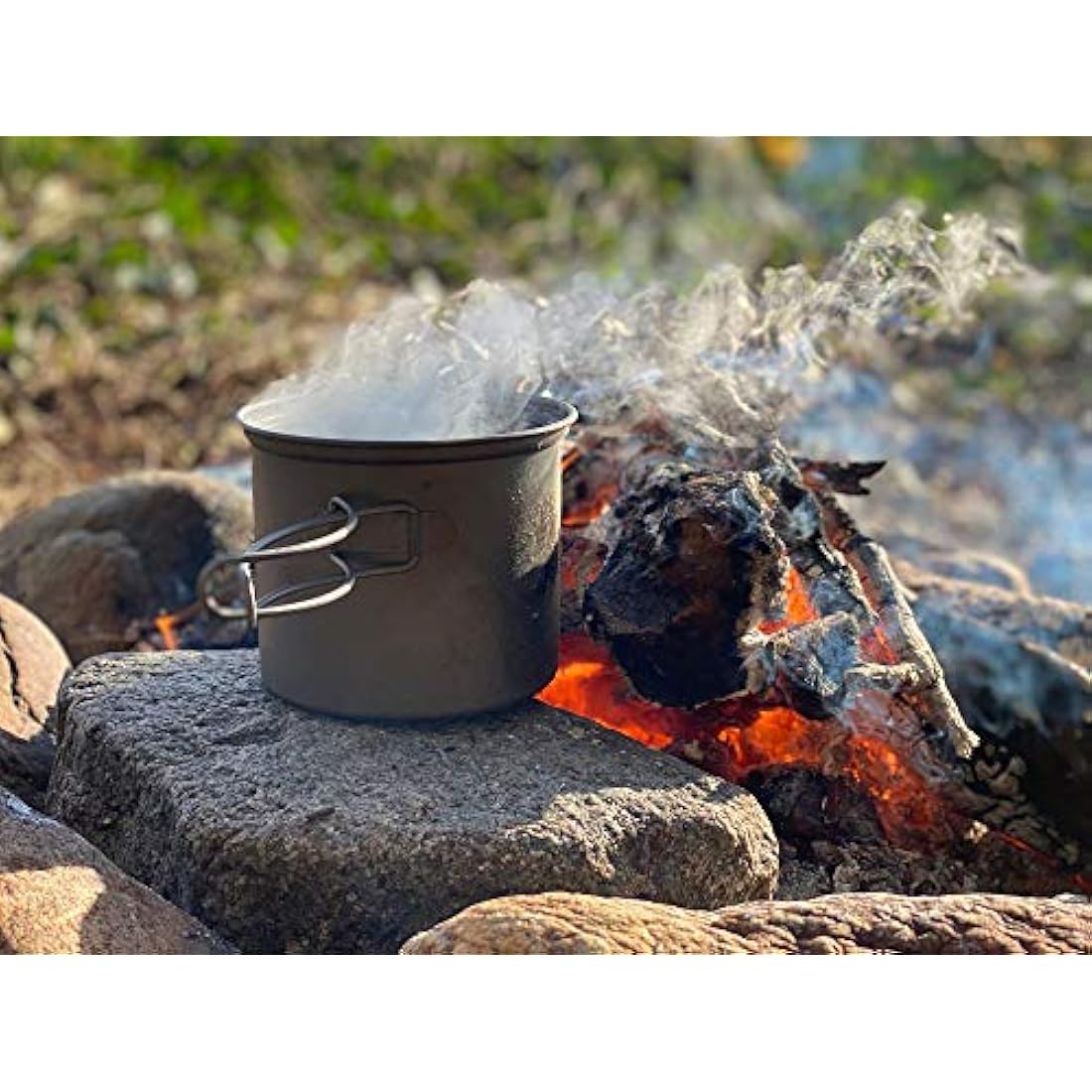 iBasingo Titanium Camping Pots Pans Set Lightweight Outdoor Backpacking Cookware with Folding Handle Compact Cooking Mess Kit Portable Travel Cookset, Rust-proof, Non-toxic