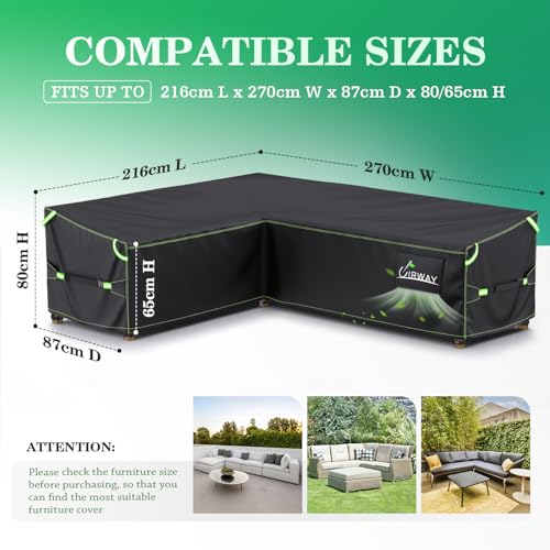 UIRWAY L-Shape Garden Furniture Cover Waterproof with Air Vent, 216x270x87cm Heavy Duty 420D Oxford Fabric Outdoor Rattan Corner Sofa Cover with