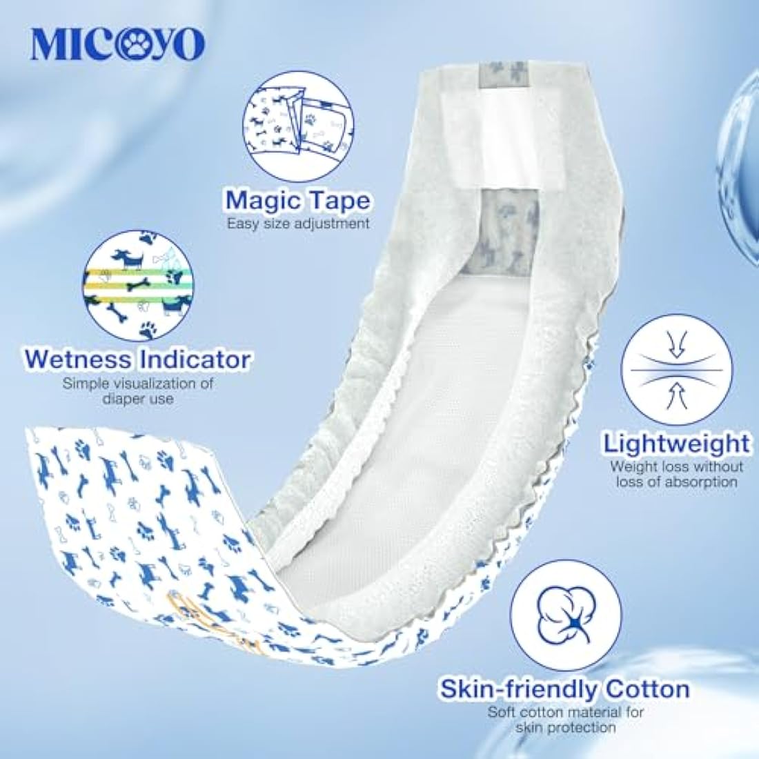 MICOOYO Disposable Dog Nappies Male, Super Absorbent Male Dog Wraps, Doggy Diapers with Wetness Indicator (M, 50pack)