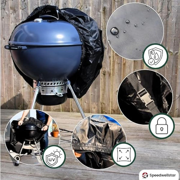 BBQ Cover Waterproof Round Heavy Duty - Kettle Grill Protection with Elasticated Hem – Outdoor Weatherproof Barbecue Cover by SpeedwellStar