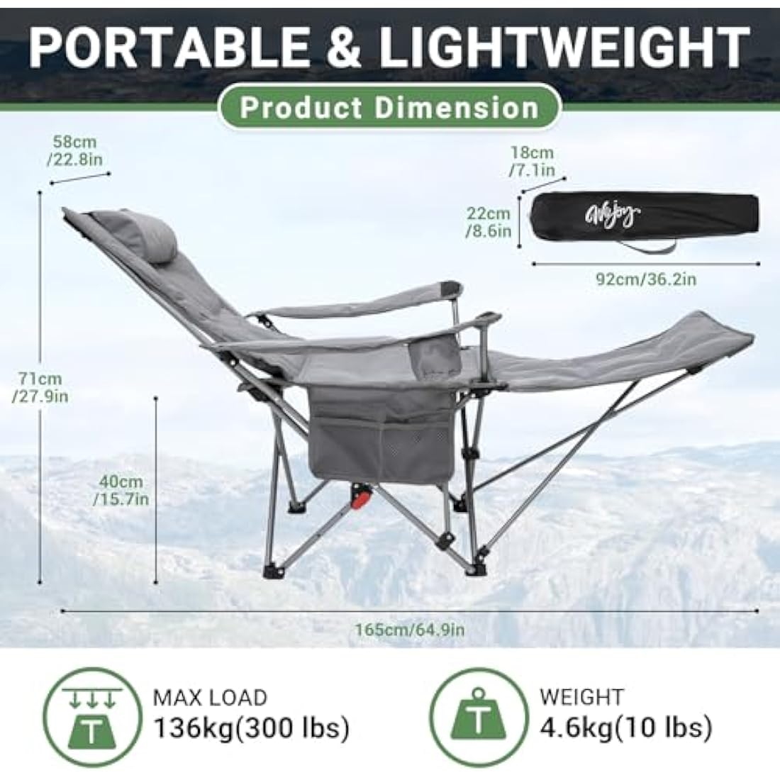 #WEJOY Camping Chairs Folding Recliner Chair Adjustable with Detachable Footrest Headrest Cup Holder Lightweight Portable Padded Reclining Camp Chair Fold Up Chair for Beach Garden,Grey Set of 2