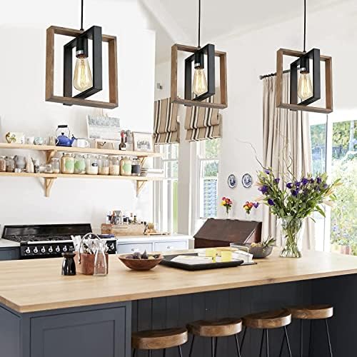 Industrial Small Pendant Lighting, Farmhouse Kitchen Island Hanging Lamp with Cord, Wood+Metal,1 Light E27 Fixture for Dining Room Bedroom Hallway Entryway,24 CM