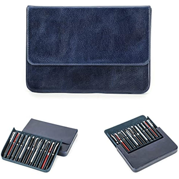 Hiram Leather Pen Case for 12 Pens Vegetable Tanned Leather Fountain Pen Storage Box with Hidden Magnetic Snap Closure and Pens Tray Design (Blue)
