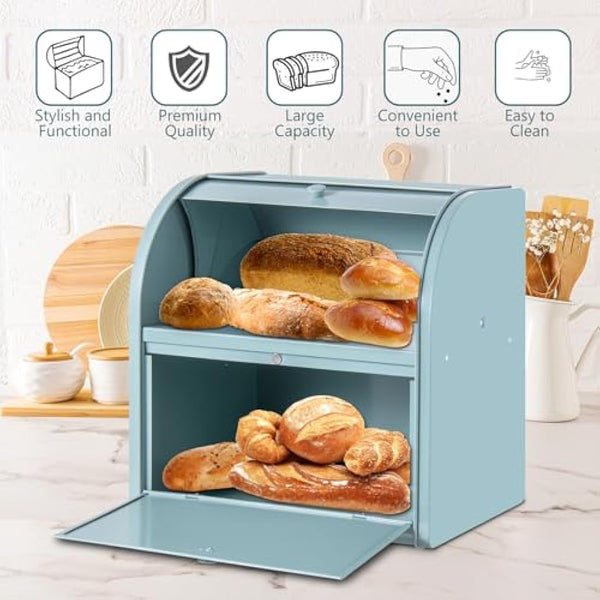 Dyserbuy Bread Bin, Bread Bins for Kitchen, Large Bread Box with Roll Top Lid, Double Metal Bread Container, Storage Bin for Fresh Loaves, Cookies, Pastries 30 x 25 x 33 cm (Green)