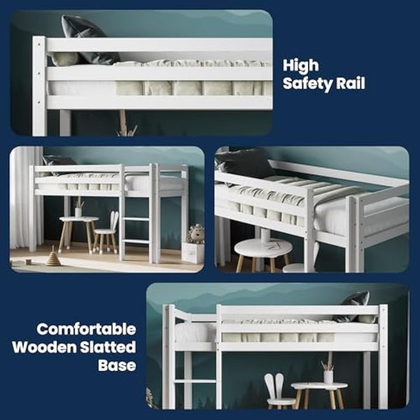 Flair Furnishings Kids Mid Sleeper Bed with Storage, Cabin Bed, Heavy Duty and Sturdy, Cosy, Stylish, Space Saving Design (White)