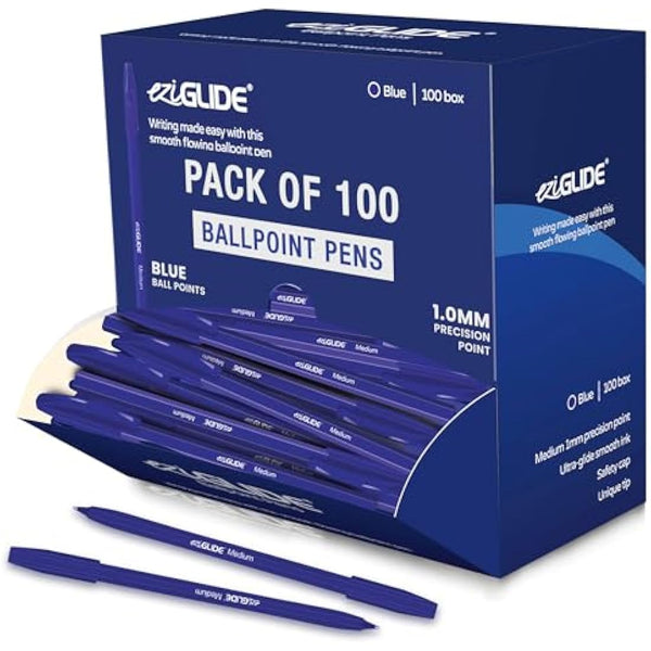 Eziglide 100-Pack Ballpoint Pen Set, Blue – Writing Pens with Medium Point (1.0mm) for Effortless Writing & Easy Grip – Multipack, Ideal for Home, Office, Work, School, Exam, Stationary Use