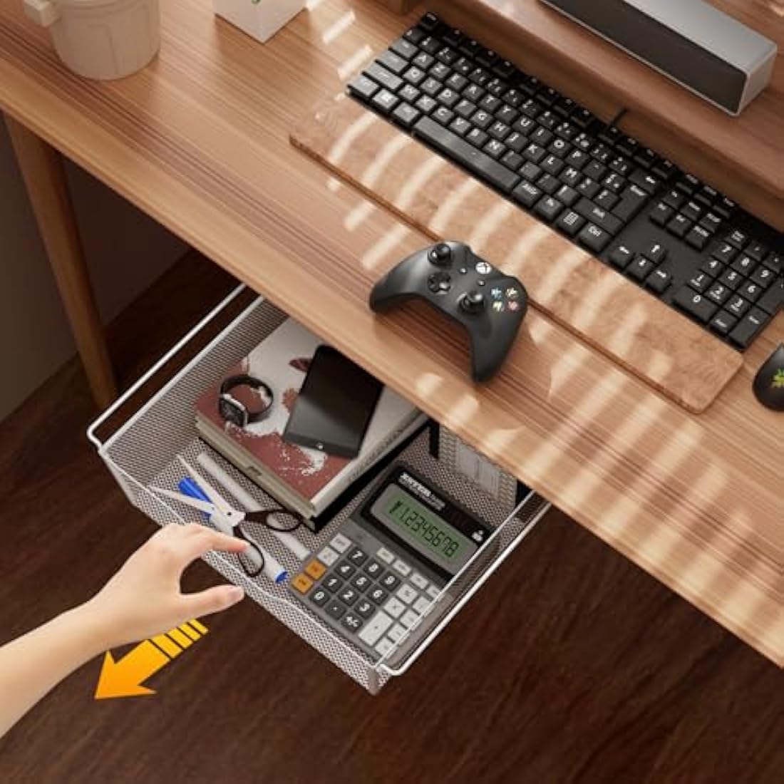 2 Pack Pull Out Basket Storage Under Shelf, Under Cabinet Hanging Drawer, Metal Wire Mesh Storage Basket Organizer for Kitchen, Office, Wardrobes, Cupboard rack White