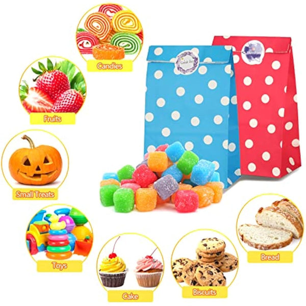 50 PCS Paper Party Bags for Kids, TOOELMON Dots Kraft Paper Gift Bags Candy Goodie Treat Bags with 60 PCS Stickers for Birthday, Picnic, Wedding Parties (130 * 80 * 240mm, Round Dot-50pcs)