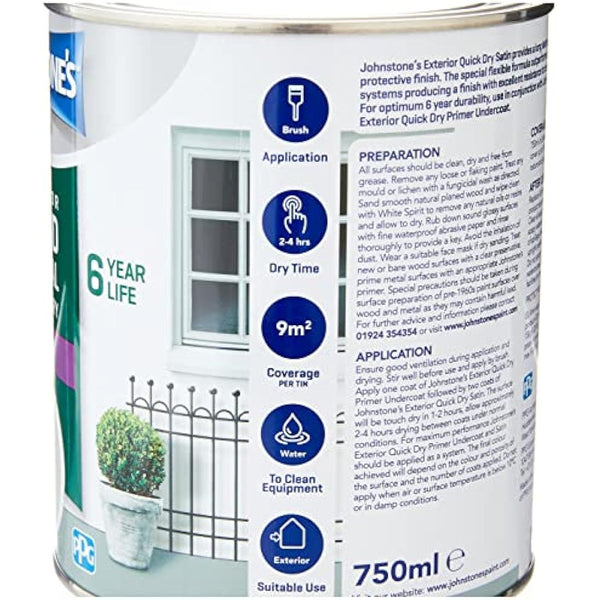 Johnstone's - Quick Dry Satin - Ashford Grey - Satin Finish - Exterior Wood & Metal - Resistant to cracking & peeling - 6 years of life - 12m2 Coverage per Litre - 0.75 L