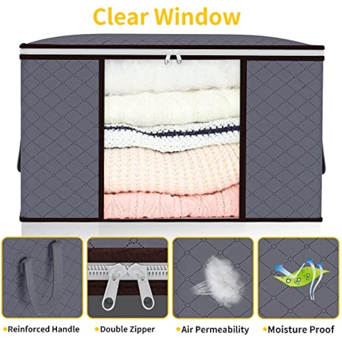 90L Storage Bags, 6Pack Large Capacity Clothes Storage Boxes with Lid and Zips, Foldable Clothes Packing Boxes with Reinforced Handle Breathable Thick Fabric for Comforters, Blankets, Bedding