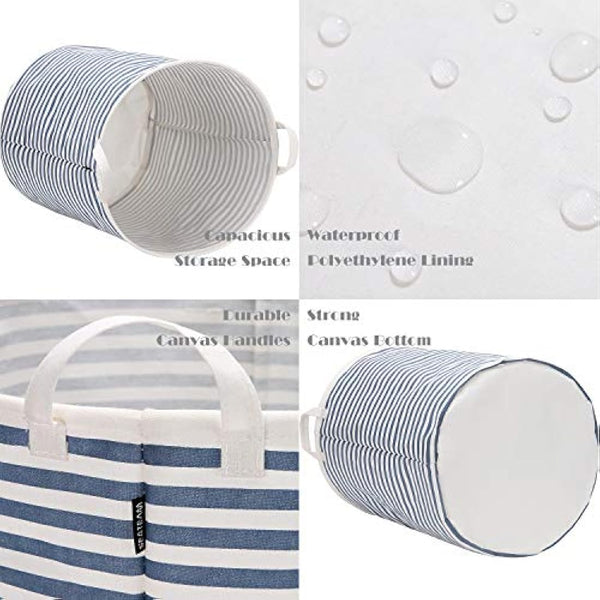 Sea Team 19.7 Inch Large Sized Waterproof Coating Ramie Cotton Fabric Folding Laundry Hamper Bucket Cylindric Burlap Canvas Storage Basket with Stylish Blue Stripe Design