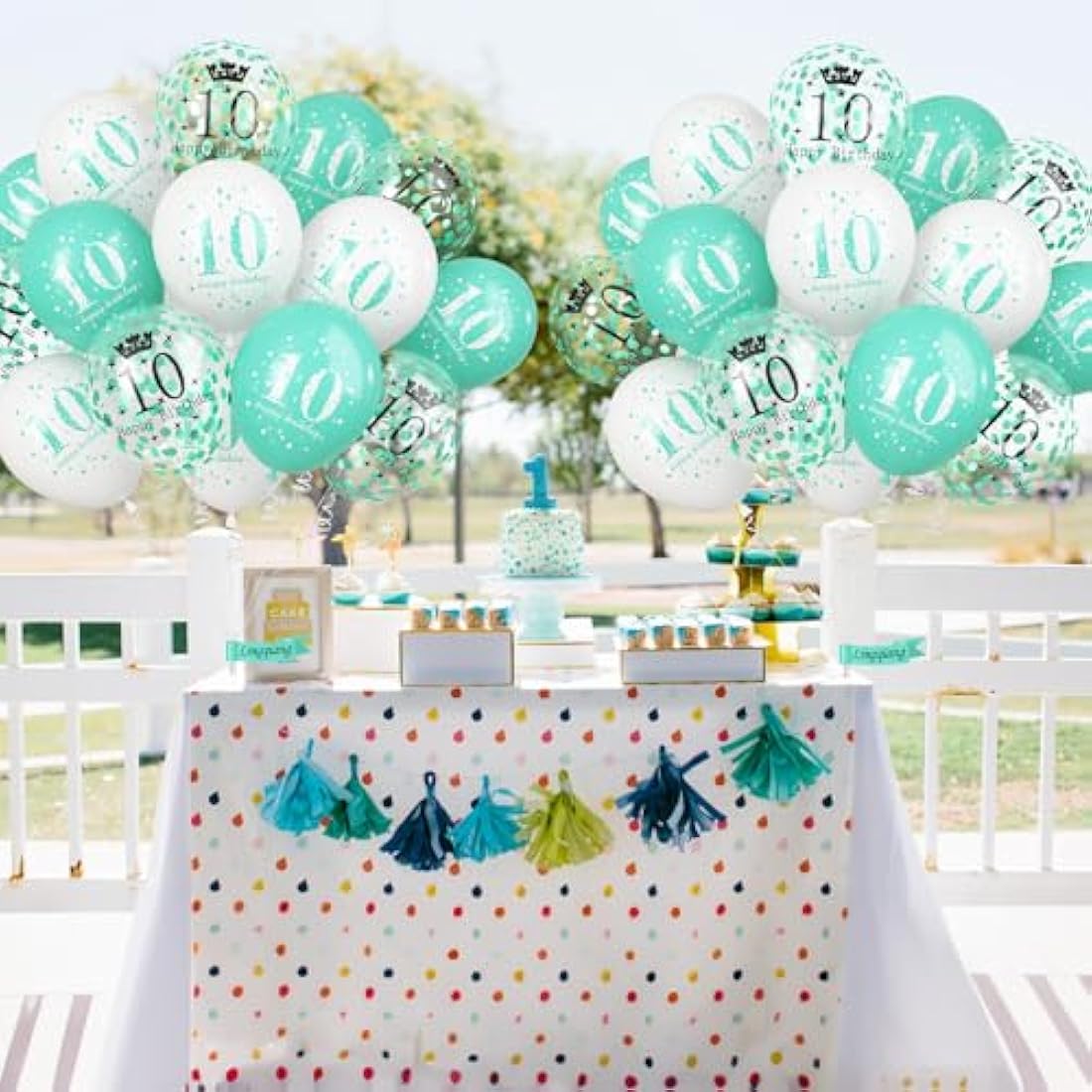 10th Birthday Decorations Girl, Teal White Happy 10th Birthday Latex Print Balloons for Boys, Turquoise White Confetti 10th Bday Party Decorations for Kids Age 10 Years Old Birthday Party Supplies