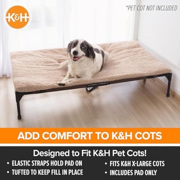 K&H Pet Products Dog Cot Pad (Cot Sold Separately), Pillow-Top Comfort Bed for K&H XL Elevated Dog Beds, Soft & Fluffy, Secure Fit Straps, Machine Washable, Portable - Extra-Large 50 X 32 Tan Fleece
