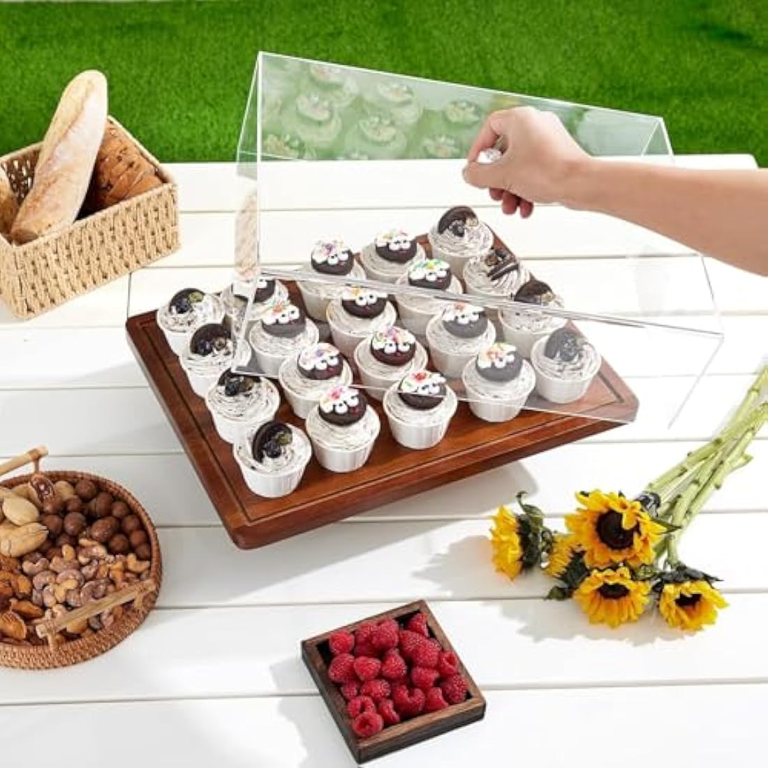 Cake Stand with Lid-Acacia Wood Cake Stand,2-in-1 Shatterproof Serving Platter & Charcuterie Board with Lid, Dessert Table Display for Party,Fruit Tray,Cheese,Veggie,Large Rectangular Cake Dome Cover