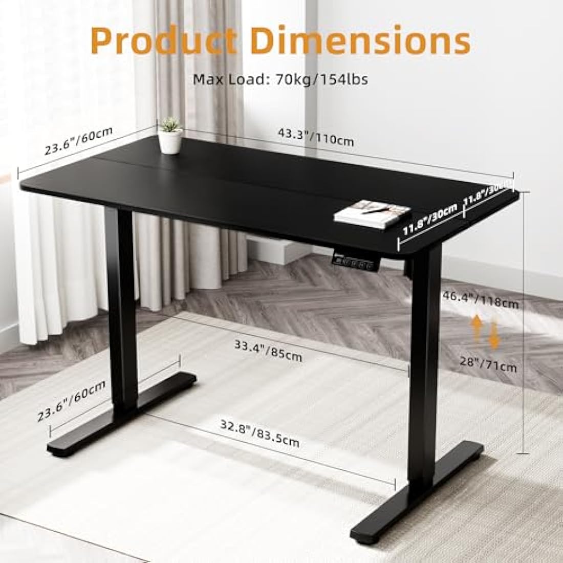 ERGOMAKER Electric Standing Desk Height Adjustable 110x60cm (43.3"x23.6"), Sit Stand With Splicing Top for Home Office (Black Frame + Black Desktop)