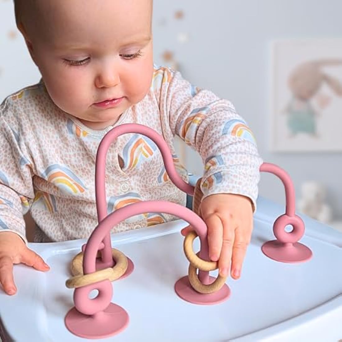 Infatot® Teething Suction Toy – Wood & Silicone Baby Toys 0-6 Months, Sensory Toy for Early Development, Suction Teether for High Chair, Baby Gift for Boys and Girls - Olive