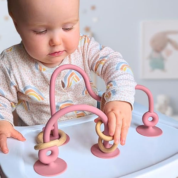 Infatot® Teething Suction Toy – Wood & Silicone Baby Toys 0-6 Months, Sensory Toy for Early Development, Suction Teether for High Chair, Baby Gift for Boys and Girls - Cream