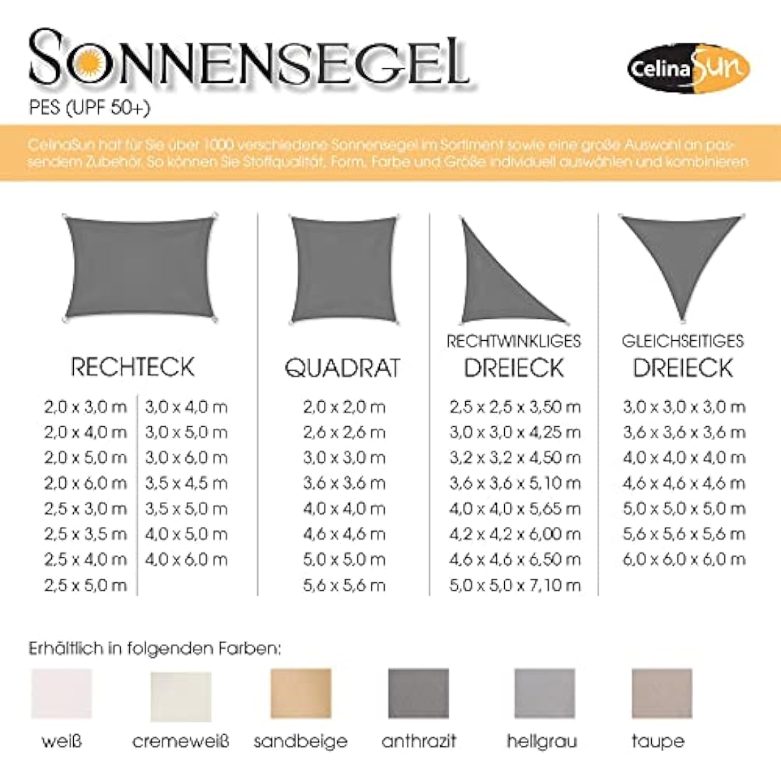 CelinaSun awning sun protection PES UPF 50+ tested UV-protection polyester garden balcony water repellent rectangle 4 x 6 m anthracite