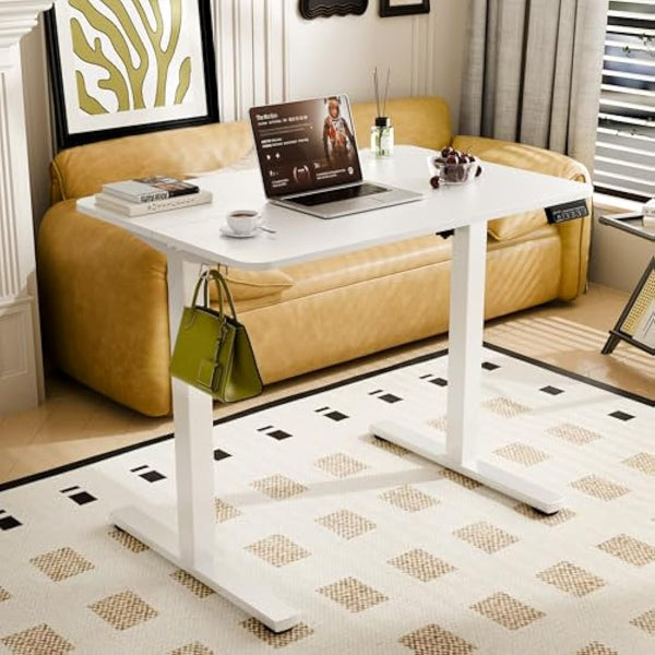 ERGOMAKER Electric Standing Desk 90x60cm, Height Adjustable Sit Stand Desk with Memory Handset Hooks for Home Office (White)