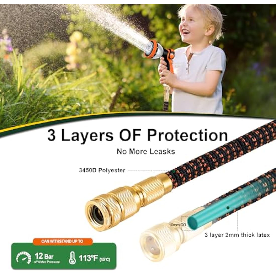 Expandable Hose Pipe 100FT, Upgraded 3-Layer Latex No-Kink Flexible Garden Hose, 3/4"&1/2" Metal Connectors, 10 Function Spray Nozzle, Water Hose for Gardening, Washing & Cleaning (100ft/30m)